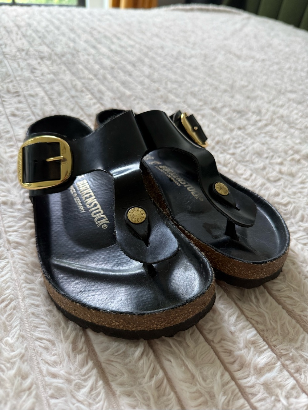 Birkenstock Black Leather Gizeh Sandals with Gold Buckles